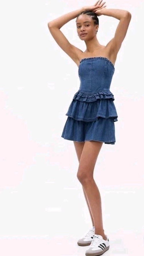 NWT Gap Love Shack Fancy Strapless Denim Ruffle Dress Preppy Coquette SIZE  14 P | eBay