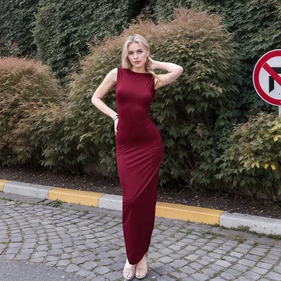 Women's Burgundy High-Waist Sleeveless Knit Long Dress with Hollow Back and - Image 1 of 4