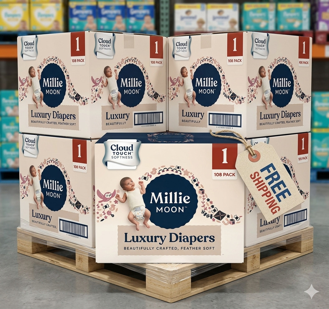 5 Packs of Millie Moon Luxury Disposable Diapers - Size 1 - 108ct