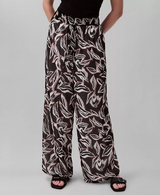 Calvin Klein Women's Trendy Wide Legs Printed Pull-On Pants Lightweight Black XS