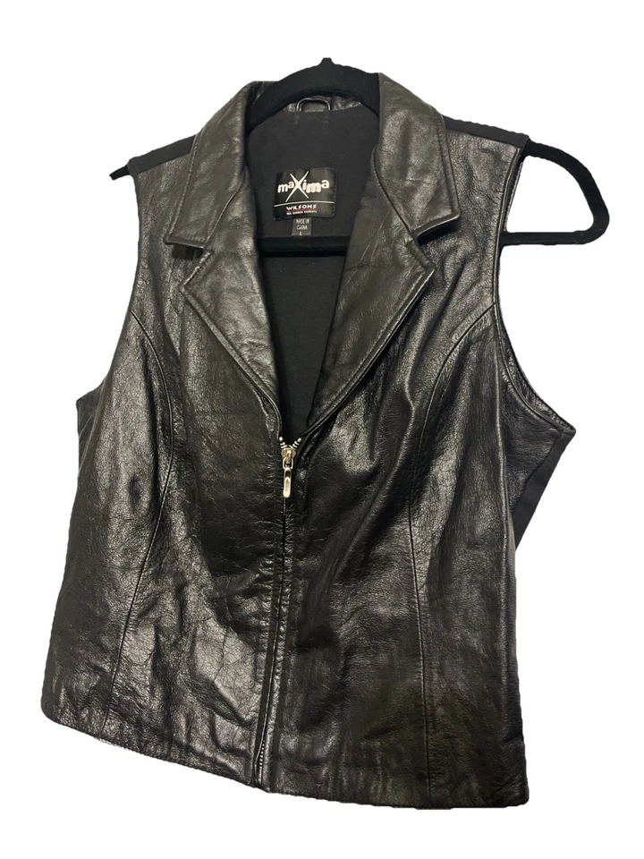 Chaleco Máxima Wilsons Para Mujer Talla Grande Negro Cremallera Cuello 100% Cuero Años 90 Y2K Foto 2 de 4