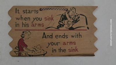 Vintage Wood Postcard IT STARTS WHEN YOU SINK IN HIS ARMS - Fun Wedding Card