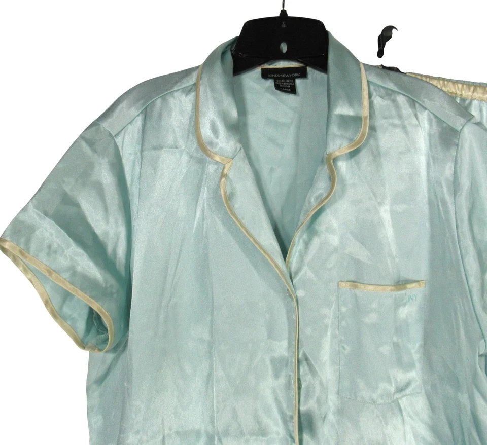 JONES NEW YORK Aqua SATINADO Abotonado 1 Bolsillo Salón PIJAMA CONJUNTO CAMISA/PANTALÓN Talla L Foto 2 de 4