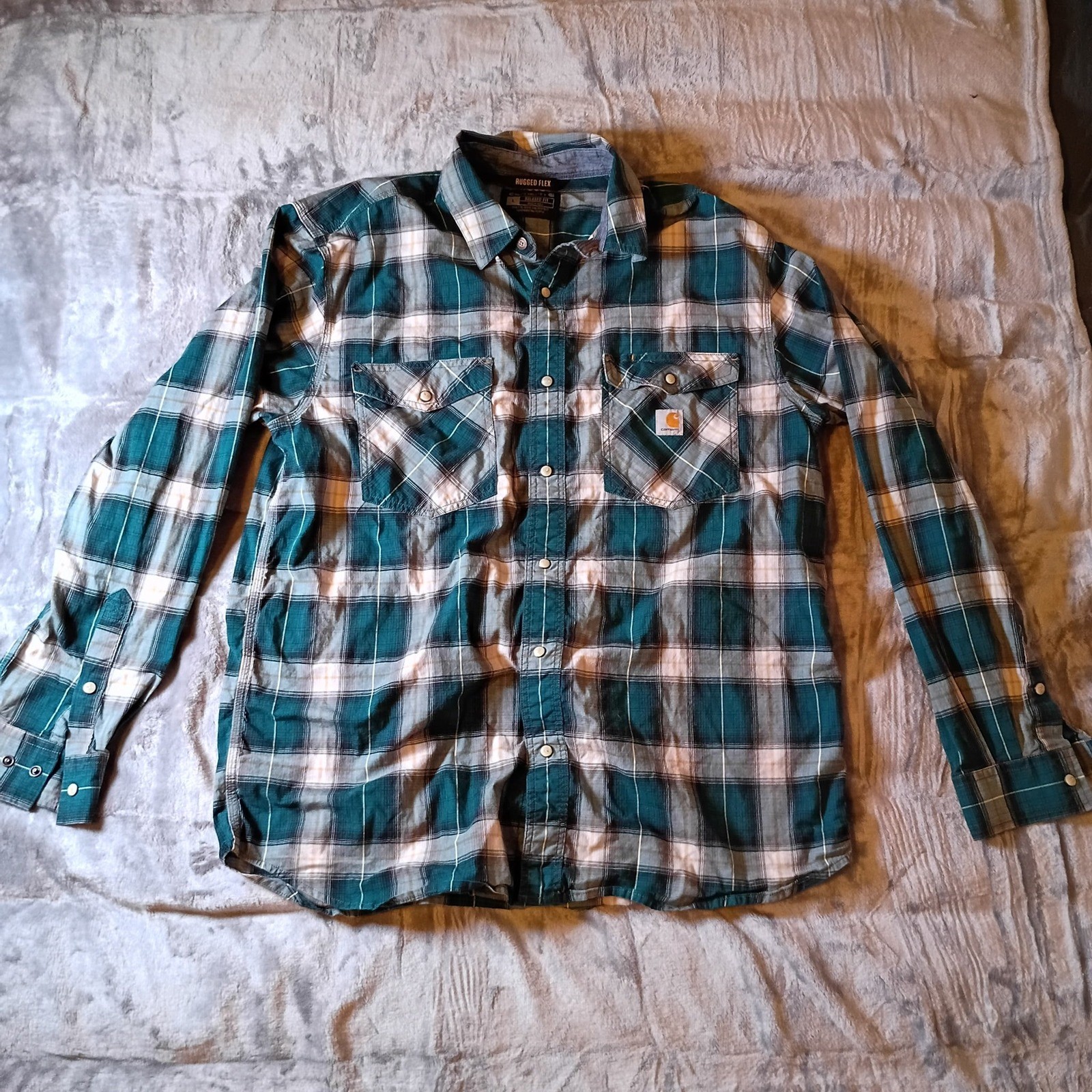 Carhartt Rugged Flex Long Sleeve Button-Down Mens Large Green Plaid Relaxed Fit