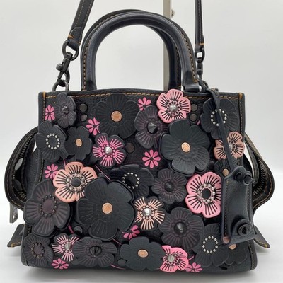 Coach Rogue Tea Rose Leather 2Way Handbag Shoulder Bag in Black