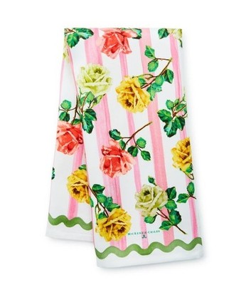 MacKenzie Childs GARDEN GALA Dish Towel FLORAL roses stripes COTTON 18x26'' *NEW*