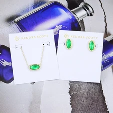 CLEARANCE Kendra Scott Elisa Ellie Jade Green Illusion Necklace Earring Gold SET