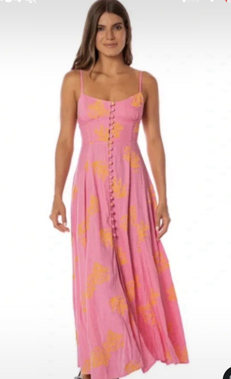 Maaji Pink/Orange Floral Smocked Square Neck Maxi Dress Cotton Womens M
