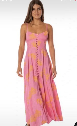 Maaji Pink/Orange Floral Smocked Square Neck Maxi Dress Cotton Womens M