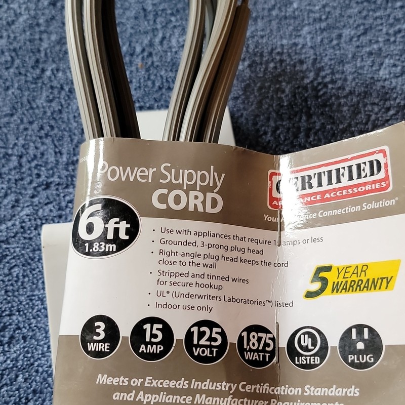 Certified Appliance Accessories 6ft Power Cord Right-Angle 15A 125V Gray