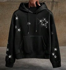 New Luxury Men Diamond Stars Rhinestones Fashion Black Hoodie High Quality