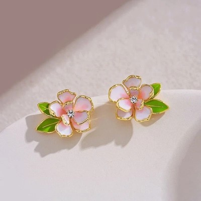 Pink Cherry Blossom Stud Earrings Enamel Drip Flower Earrings Sweet Forest-style