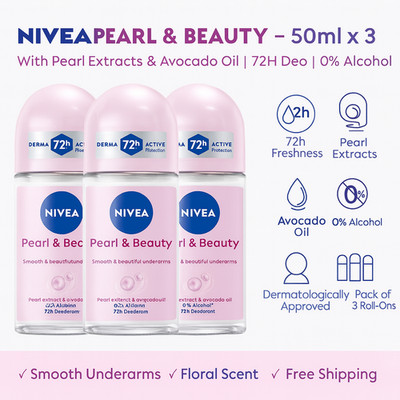 NIVEA Pearl & Beauty Roll-On 50ml x 3 | 72H Deo | Pearl Extracts | 0% Alcohol