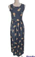 TICKLED TEAL Women Size S Pineapple Gray Maxi Fit & Flare Dress Crew Neck 91P