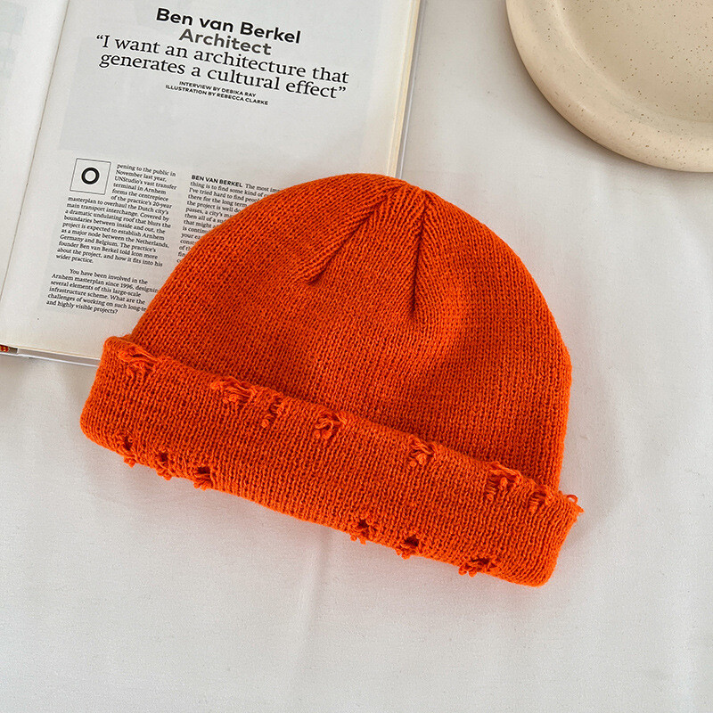 Ripped Knit Caps Outdoor Casual Beanie Caps Solid Color for Men and Women
