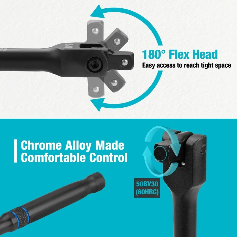 DURATECH 3PCS 6" 10” 15" Breaker Bar Set 1/4" 3/8" 1/2" Drive 180°Rotatable Head - Image 4 of 4