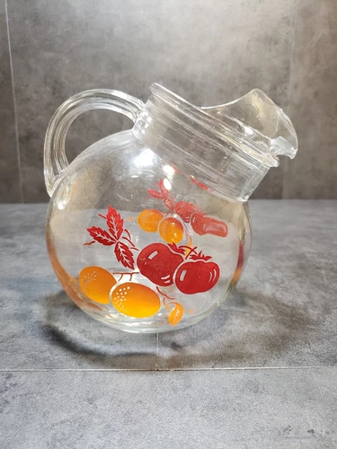 Vintage 1940's Anchor Hocking Clear Glass Orange Red Tomato Ball Juice Pitcher