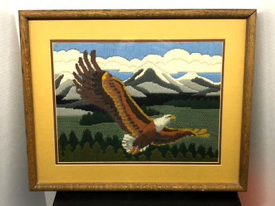 American Eagle Needle Point Framed Crewel Work Mountains Sky 21'' x 17'' Glass