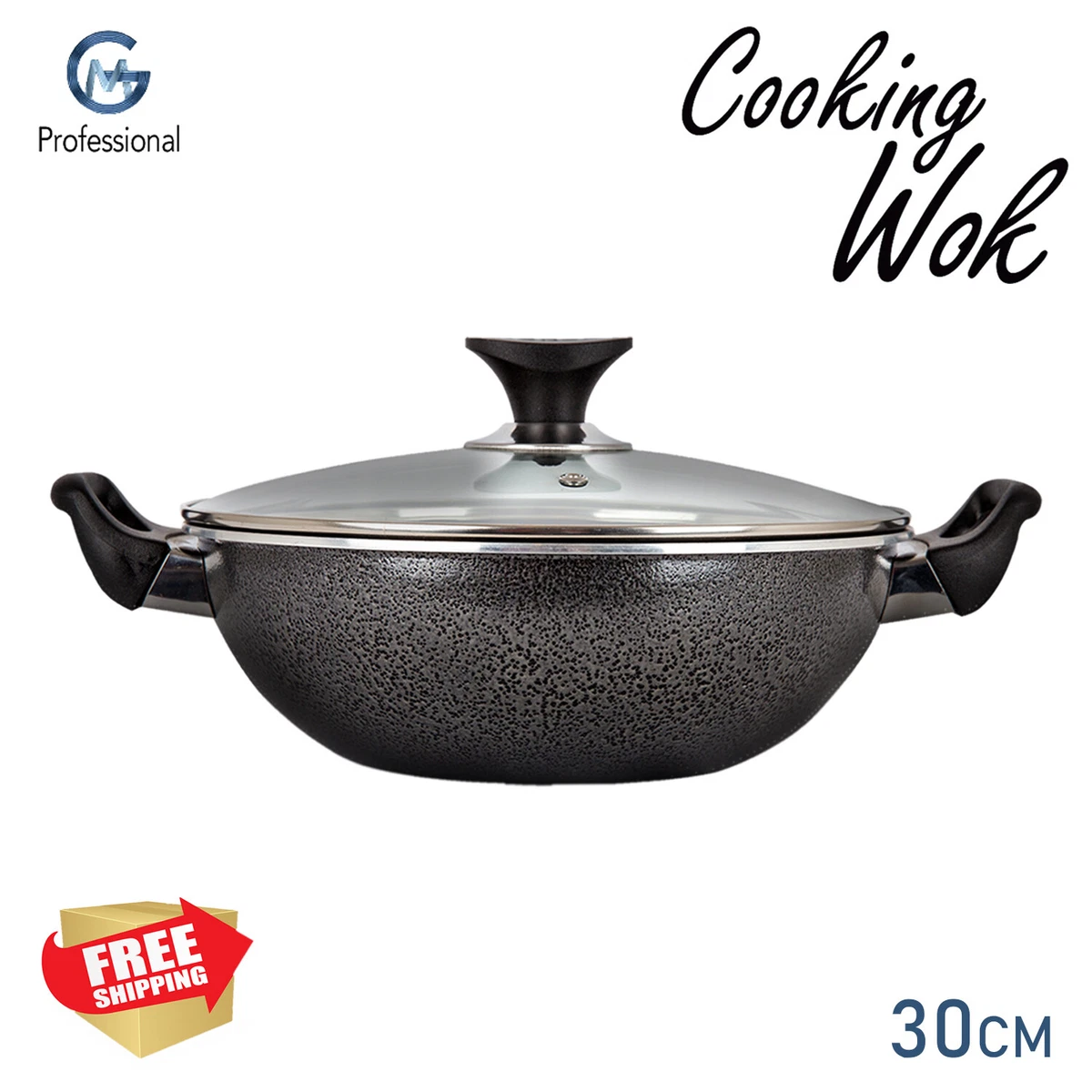 30cm Non Stick Cooking Wok Double Handle Glass Lid Deep Stir