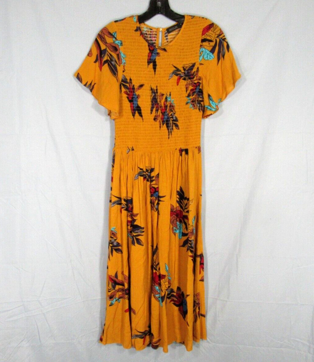ROOLEE Mustard FLORAL Challis SMOCKED BODICE Flutter Sleeve MIDI A-Line Dress XS