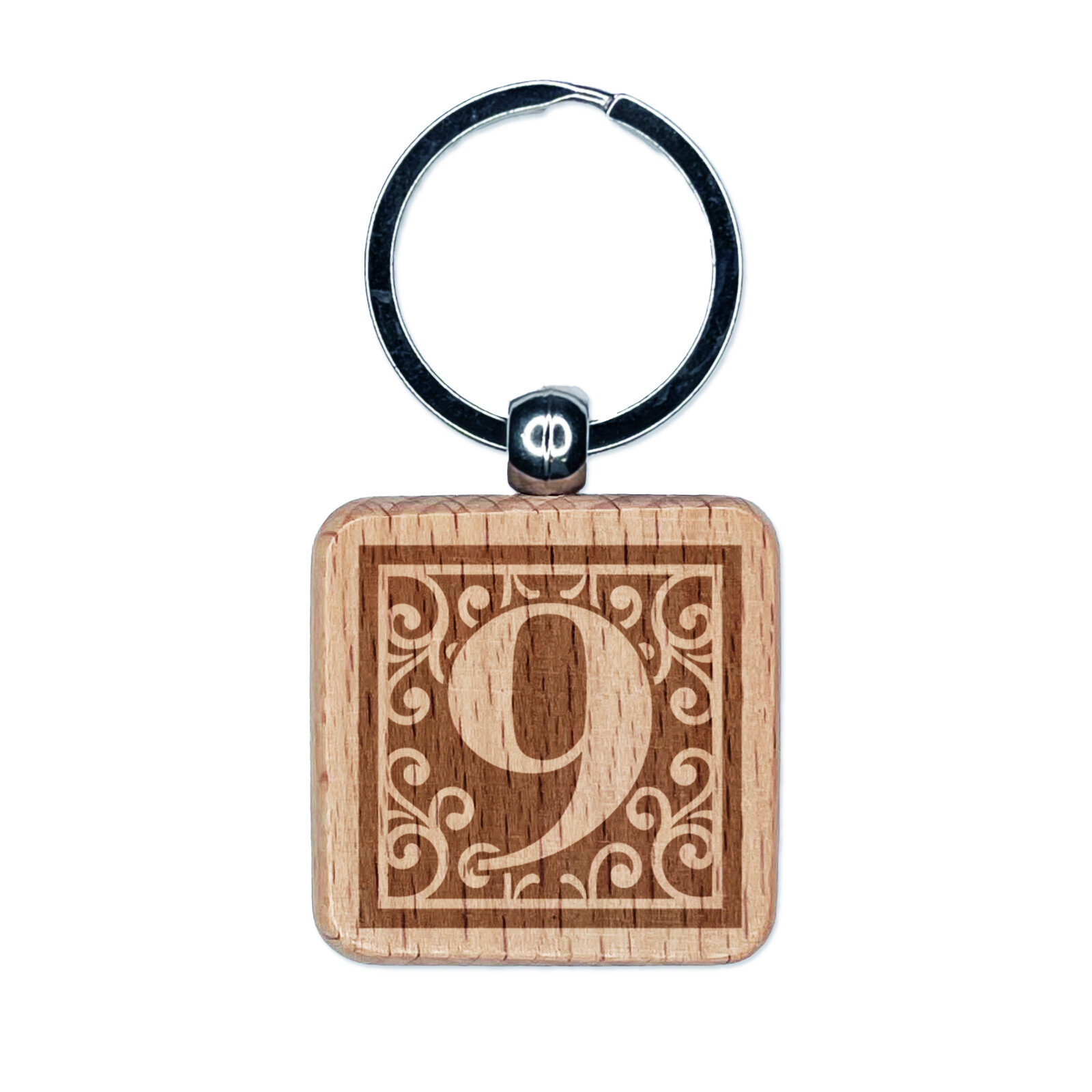 Monogram Swirls Number 9 Nine Engraved Wood Square Keychain Tag Charm