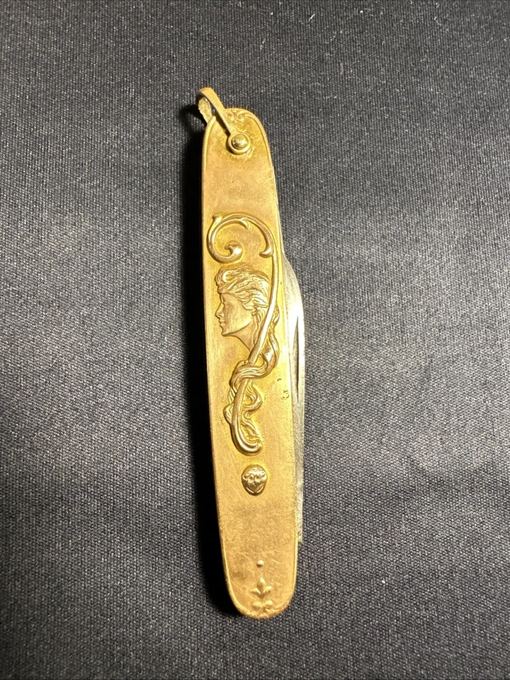 RARE Antique Sheffield 2 Blade Brass Embossed Face Figure Mini Folding Knife - Image 3 of 4