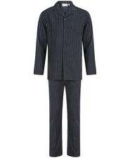 Walker Reid Mens Cotton Pyjamas Navy Stripe Traditional Long Sleeved PJs Set