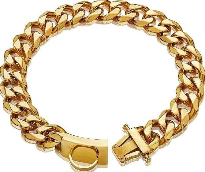 Gold plated Stainless Steel Dog Cuban link Chain Collar Secure Buckle 16 mm 26" - Image 2 of 4