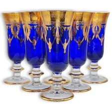 Interglass Italy Royal Blue 24K Gold Crystal Champagne Flutes Set of 6 Glasses