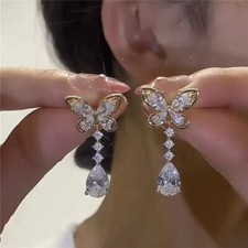 Elegant Cubic Zirconia Butterfly Earrings Stud Women Drop Dangle Jewelry Gift