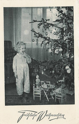 Postcard Christmas: Child by Christmas Tree Fröhliche Weihnachten Germany