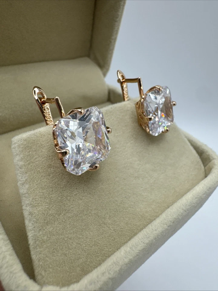 Pendientes Cuadrados Circón Blanco Natural Oro Laminado 14ct Unidos Sello 585RG Foto 4 de 4