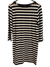 J. Crew Cotton Knit T-Shirt Dress Navy White Stripe 3/4 Sleeves Gold Accent Shou