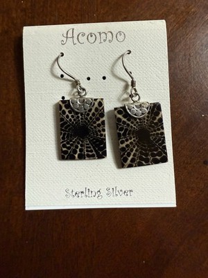 Vtg Acomo Sterling Silver Spider Web Fossil Coral Dangle Earrings Boho 925