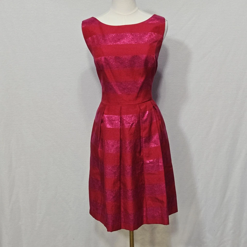 Vestido Trina Turk Mujer 12 Rojo Rosa Metálico Rayas Plisado Cóctel Fiesta EE. UU. Foto 2 de 4