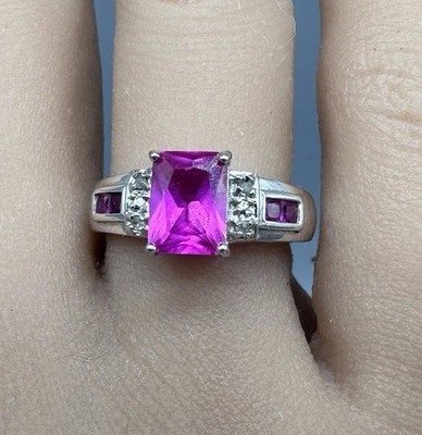 Ross Simons Sterling Silver Pink Sapphire Diamond Accent Ring Size 8 Emerald Cut
