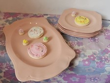 Vintage Johnson Bros Rosedawn Rare Rectangle Sandwich Plate & 6 Side Plates Set.