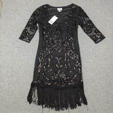 Unique Vintage Dress Womens L Black Sequin Fringe 20s Flapper Gatsby Shift Party