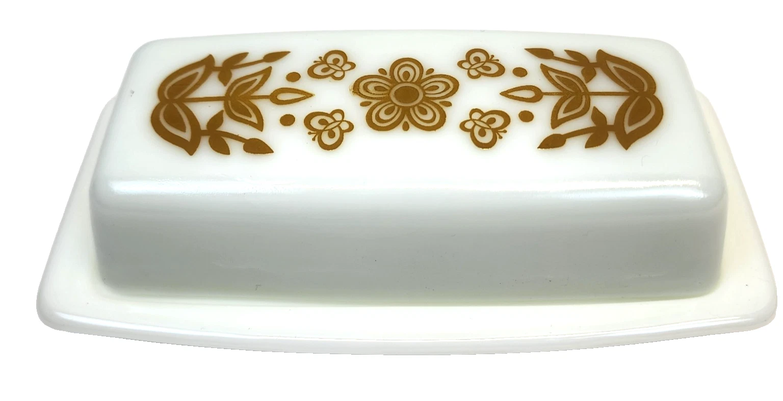 Vintage Pyrex Gold BUTTERFLY White Butter Dish 1950's Floral Pattern Very Nice
