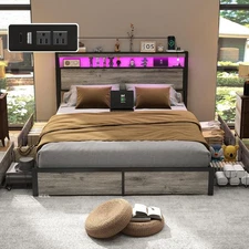 DUJAHM King Full LED Bed Frame Platform Bed with Charging and 4 Large Drawers