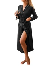 Women Kimono Robes Full Length Knit Bathrobe Lightweight Soft Sleepwear V-nec...