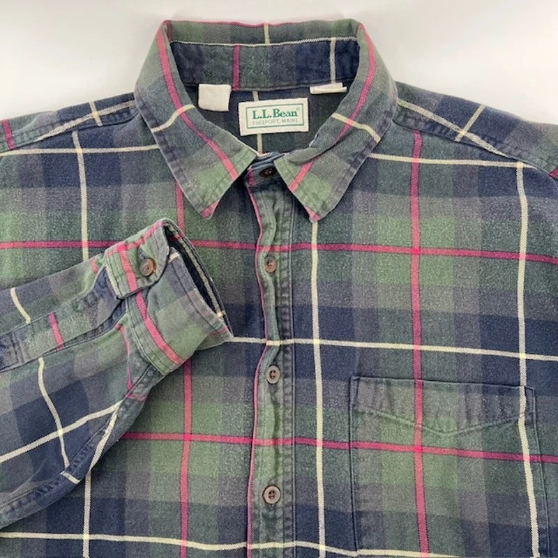 VTG LL Bean Plaid Button Up Shirt Mens L-Tall Green Blue Windowpane Outdoor USA