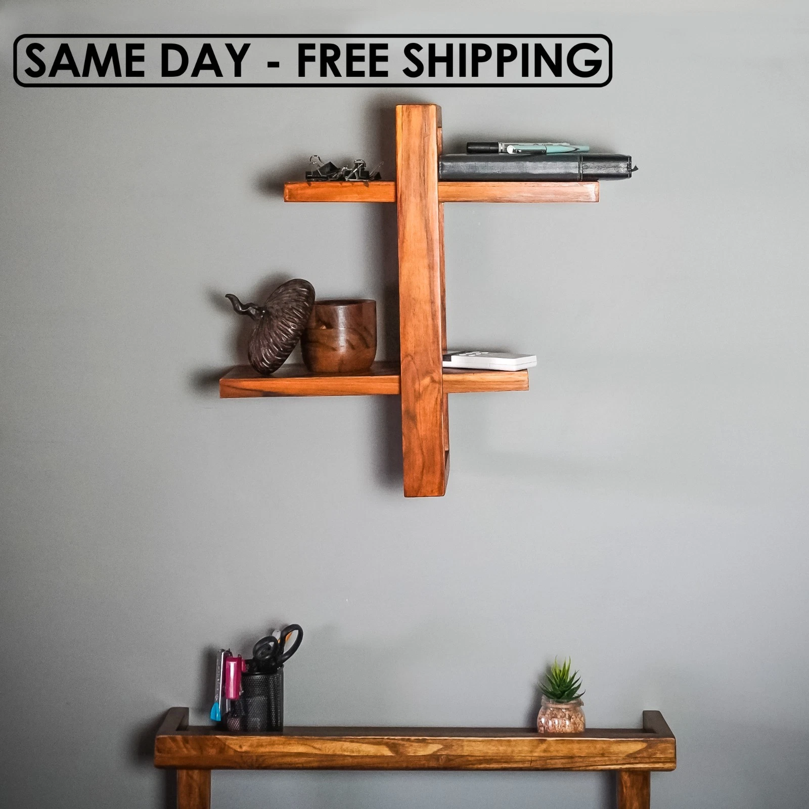 Handcrafted Wooden Wall Shelf – 2 Tier Solid Wood Display Rack for Home & Office