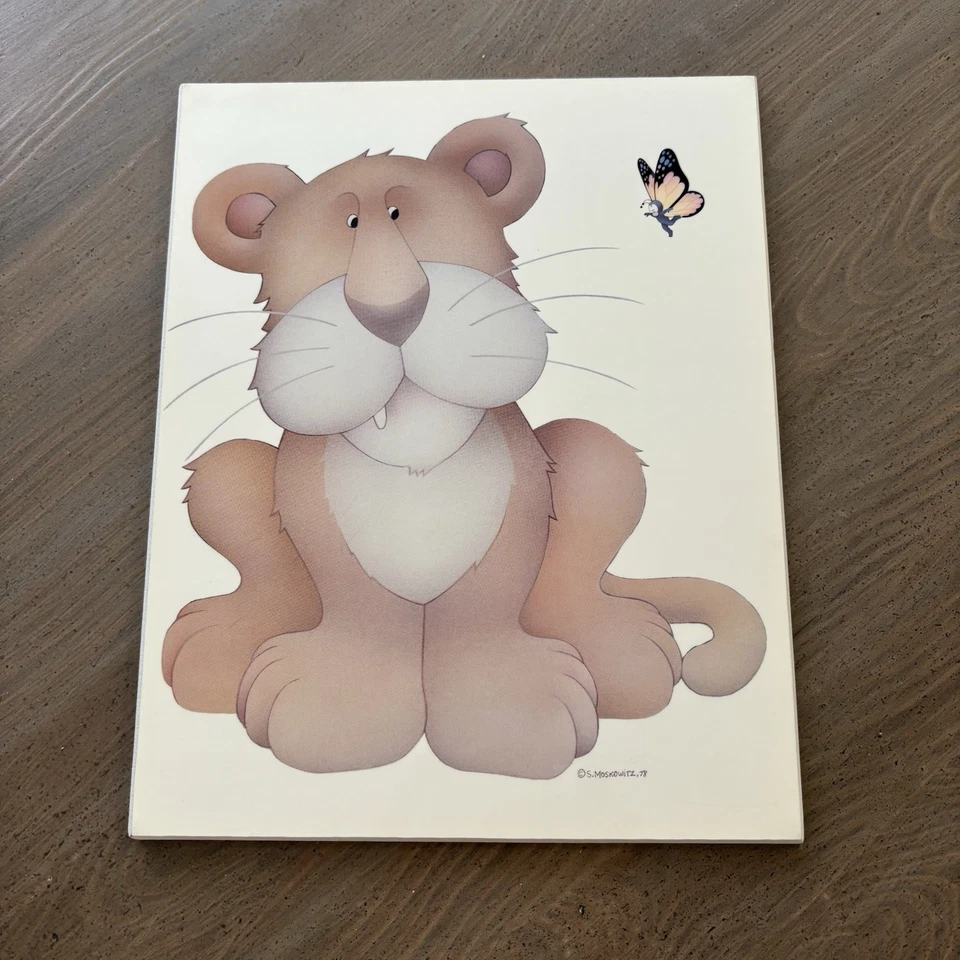 S. Moskowitz Cachorro de León y Mariposa Cuadro Placa Vintage 1978 Bebé Arte de Pared Foto 2 de 4