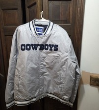 NWT Men s Ultra Game NFL Dallas Cowboys Grey Satin Snap Button Bomber Jacket L