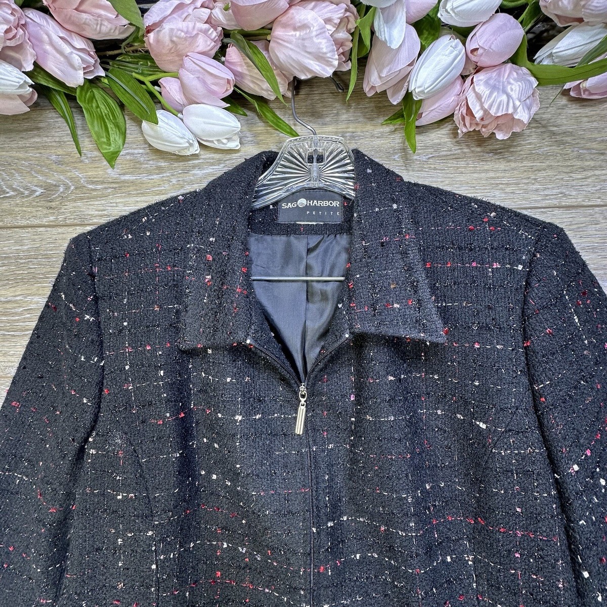 SAG HARBOR Tweed Jacket Blazer Womens 12 Petites Black Zip Up Coat