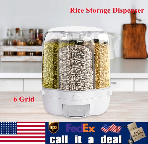 360?? Rotating Rice Storage Dispenser 6 Grid Grain Bean Dry Food Container +Lid