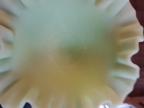 Vintage Fenton Satin Lime Green Persian Medallion-Ruffled Pedestal Compote 6.5” - Picture 9 of 11