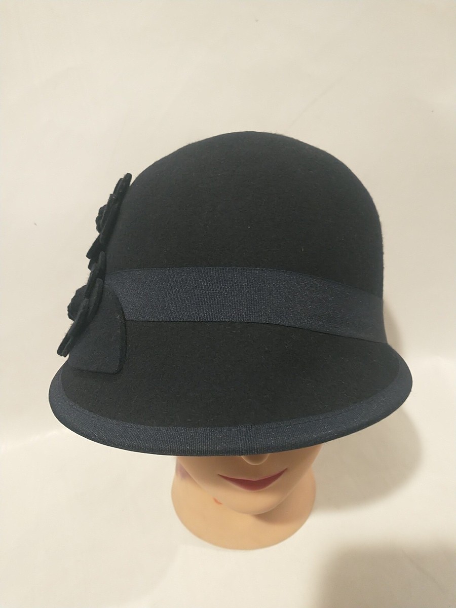 Nine West Womens Cloche Hat 100% Wool Flower Details Navy  display picture 3