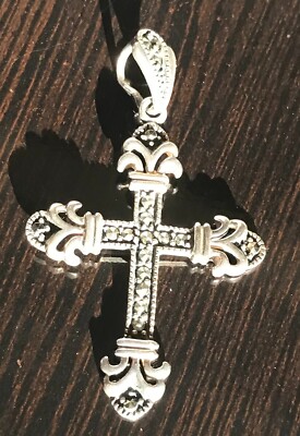 925 Sterling Silver Marcasite Fleur De Lis Religious Cross Pendant | eBay
